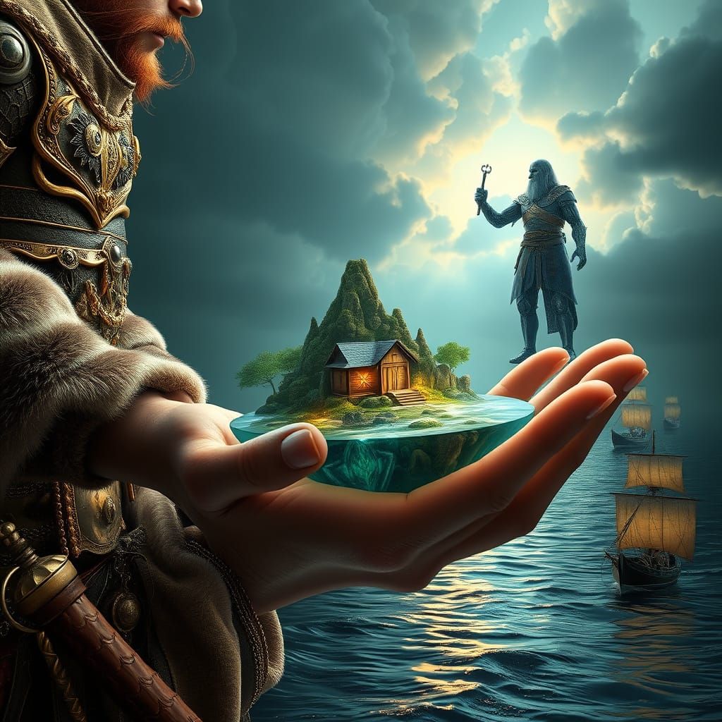 Surreal Island Scene with Levitating Water Mill and Viking W...