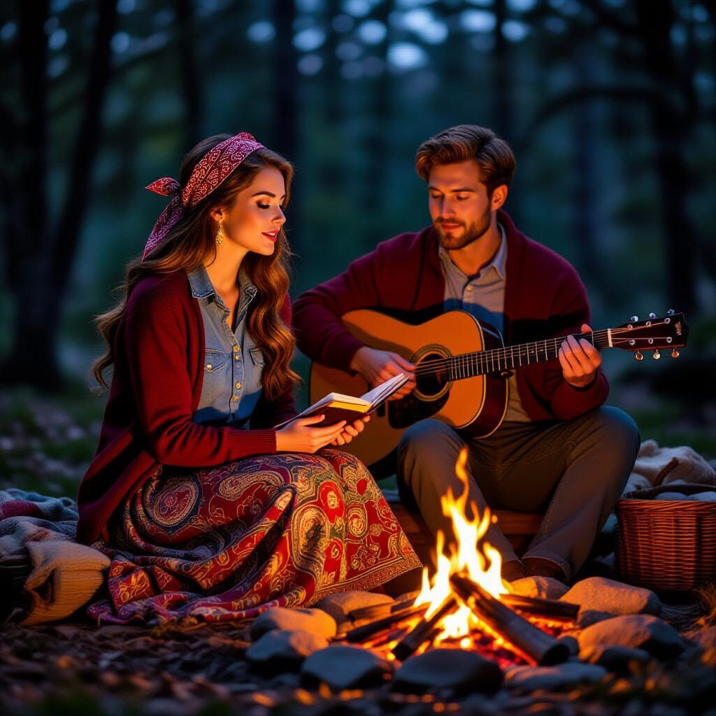 Woman Singing by Campfire in Baroque Style