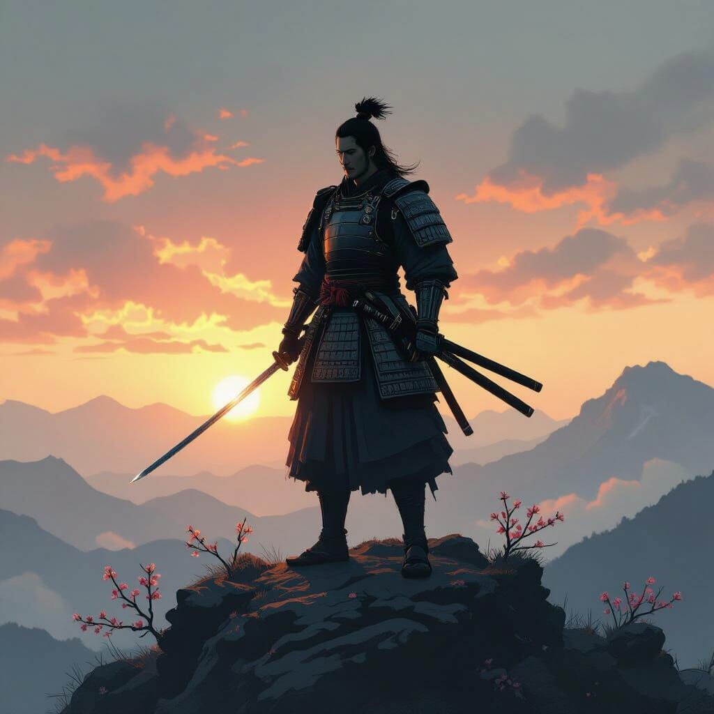 Samurai on Windswept Peak in Fading Light