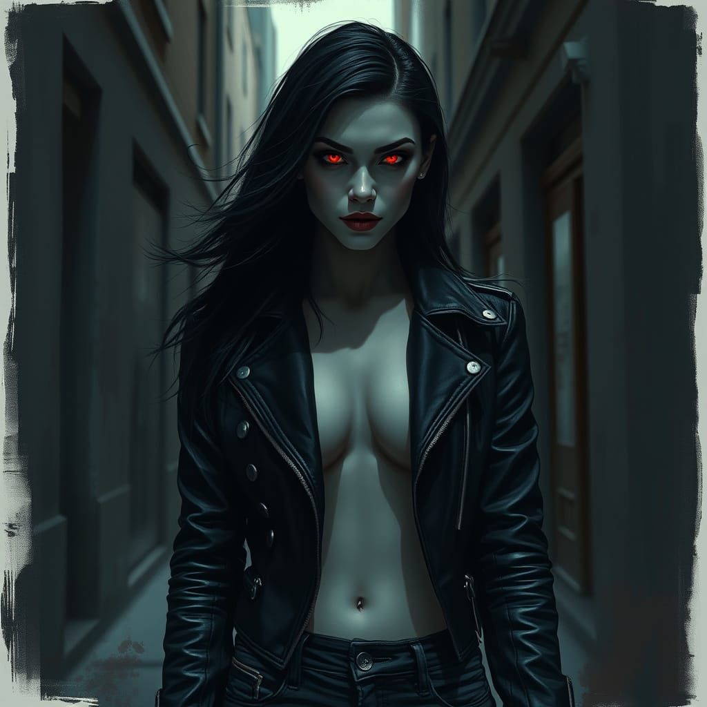 Gothic Female Vampire Emerges from City Shadows