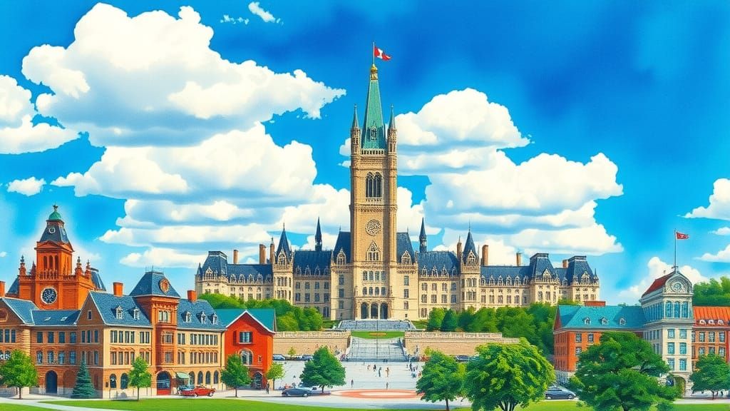 Canadian Cityscape with Parliament Hill and Gothic Revival A...
