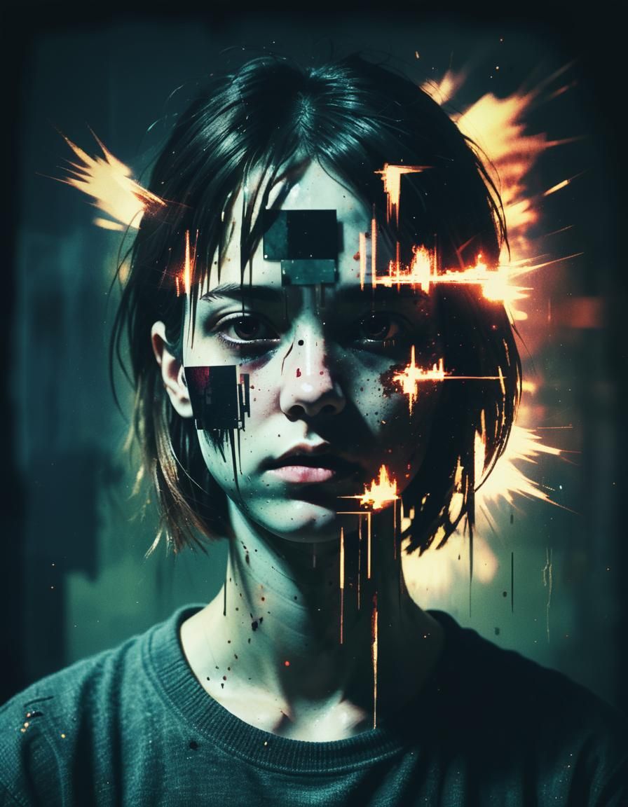 Pixelated Glitchcore Portrait with Dramatic Lighting