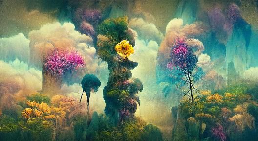 Surreal Forest Vista in Kinetic Pointillism Style