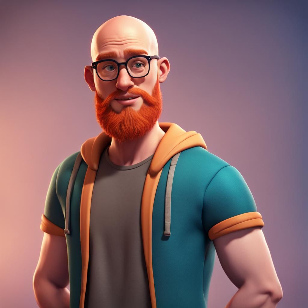 Athletic Bald Man with Ginger Beard in 3D Style