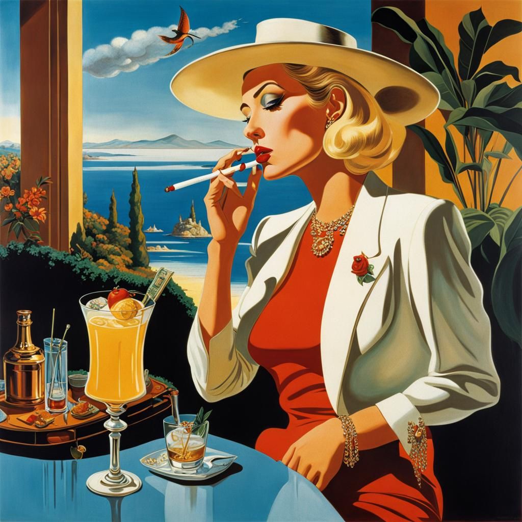 Surreal Blonde Woman Smoking, in Surrealist Style