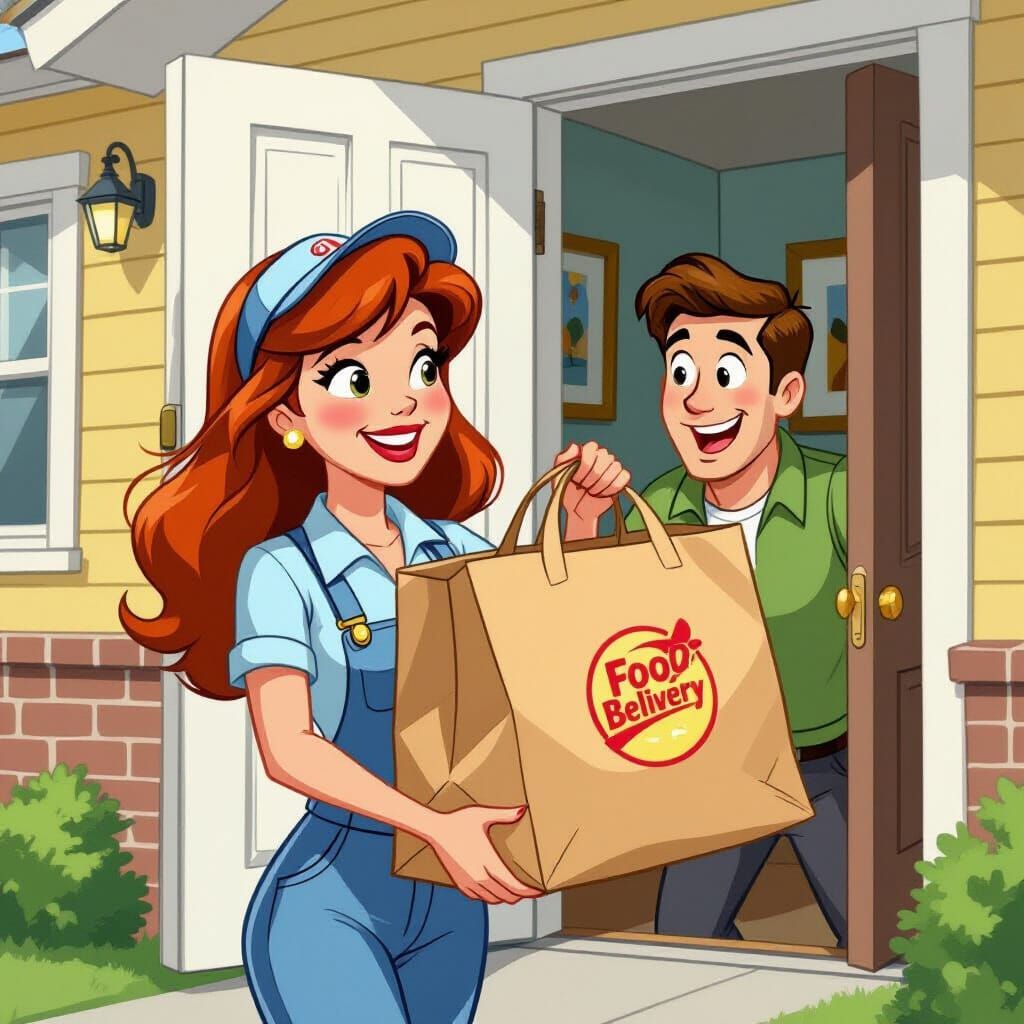 Friendly Food Delivery Person in 1960s Cartoon Style