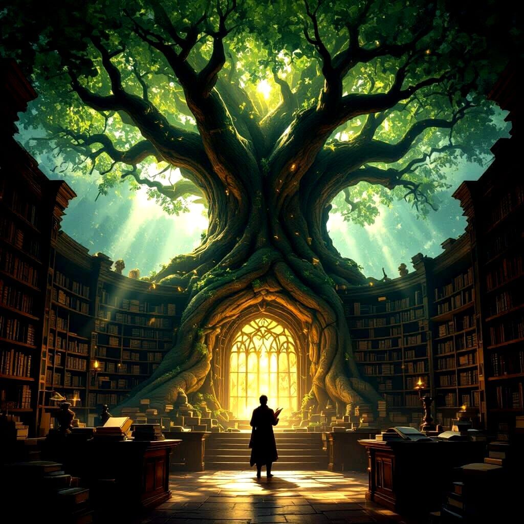 Ancient Tree Library Concept Art With Scholar