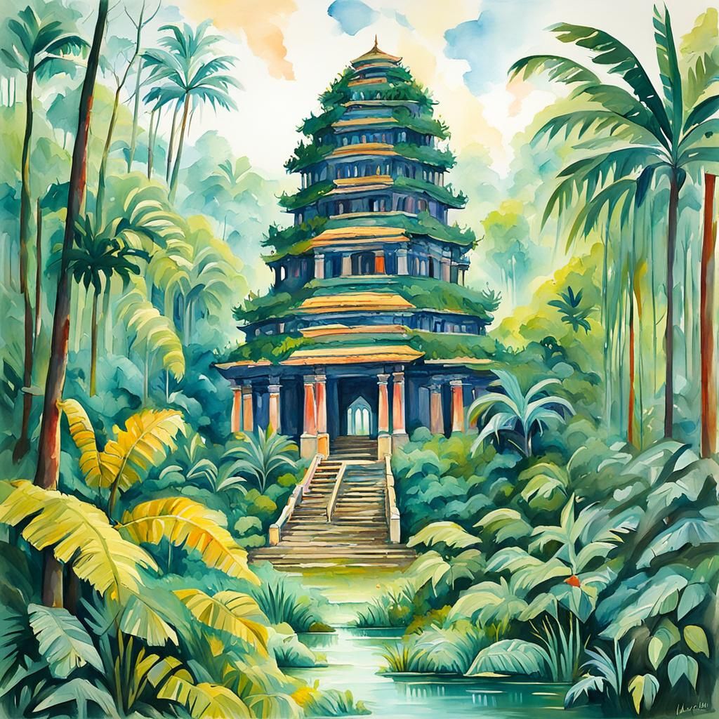 Malaysian Jungle Temple in Gouache Style