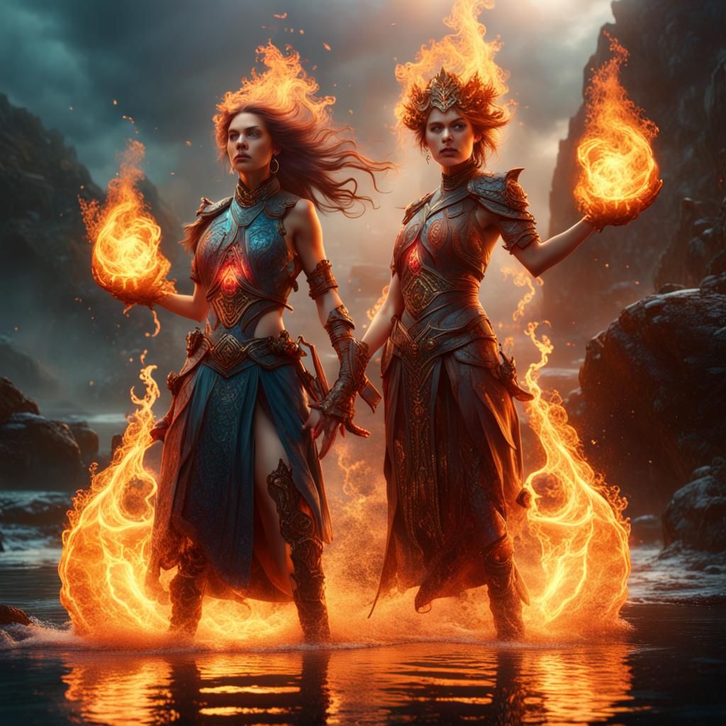 Fantasy Women with Elemental Fire and Water Powers