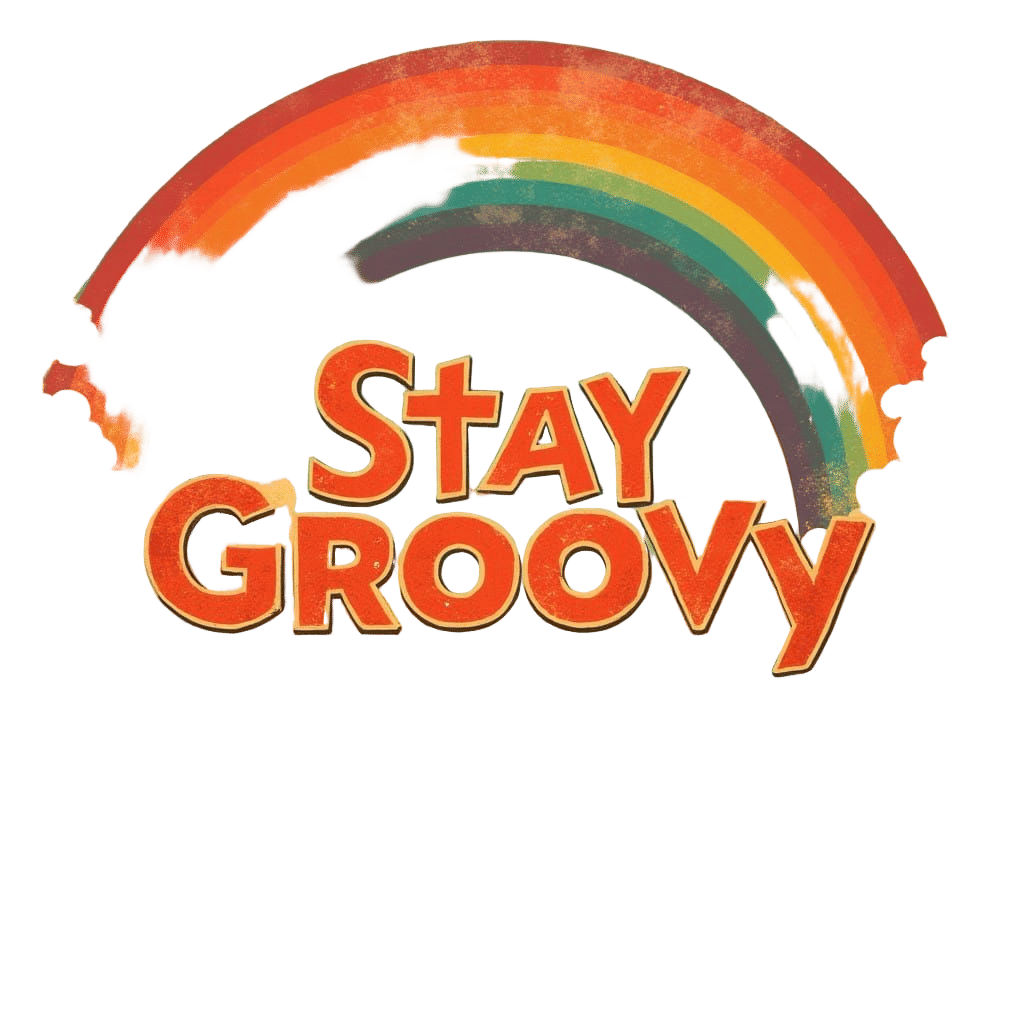 Retro Rainbow with Distressed Texture and Groovy Text