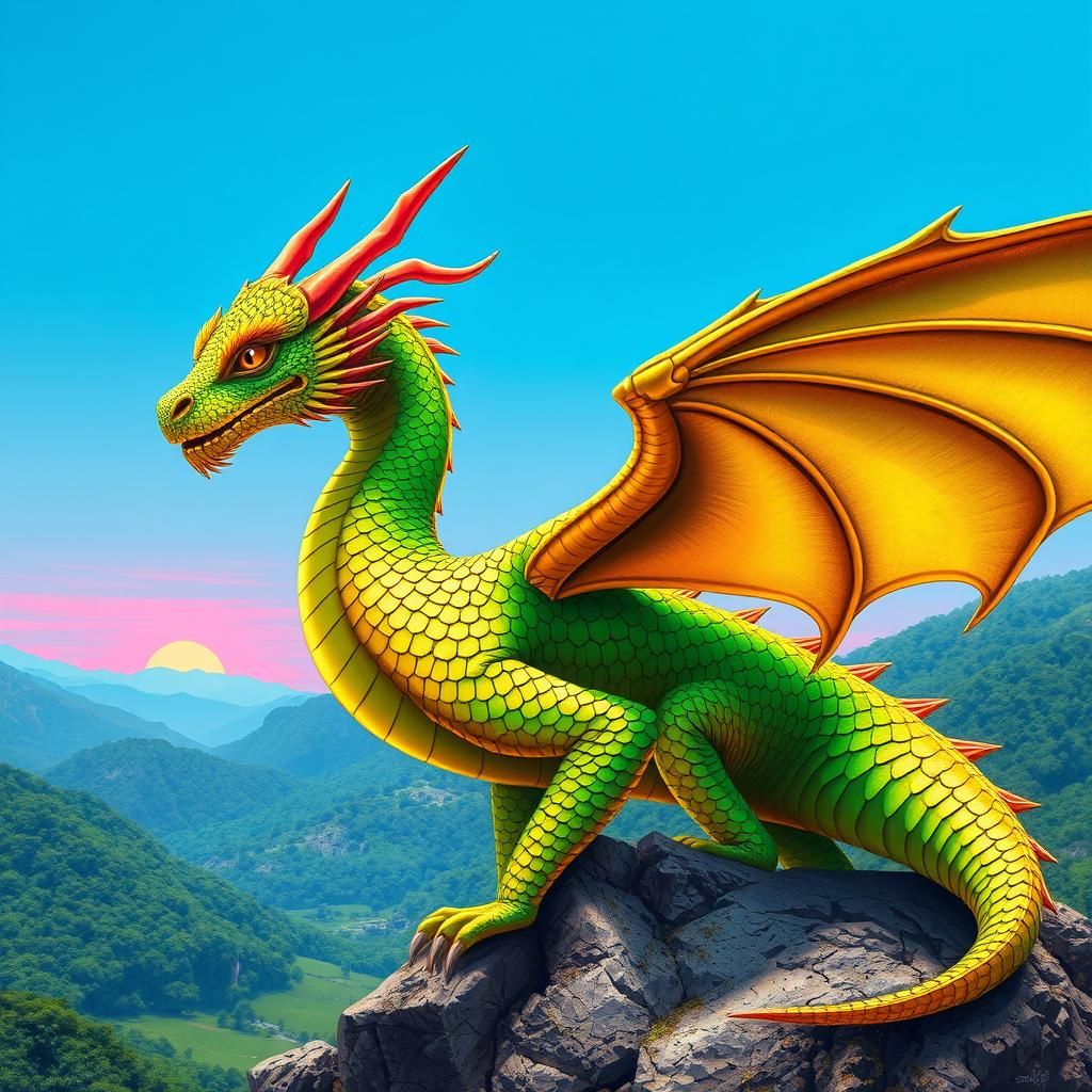 A majestic dragon with shimmering gold scales and matte emer...