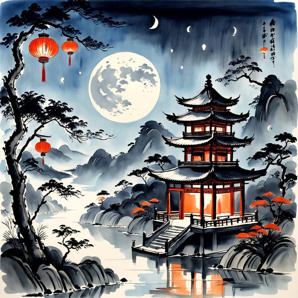 Chinese Ink Wash Painting of Moonlit Pagoda and Festival