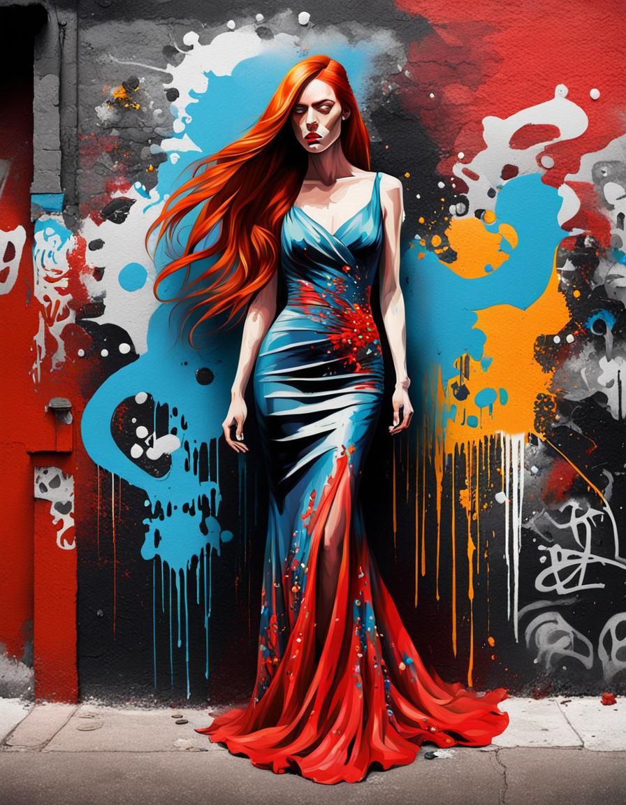 Dream Woman in Red Gown: Graffiti Art Style