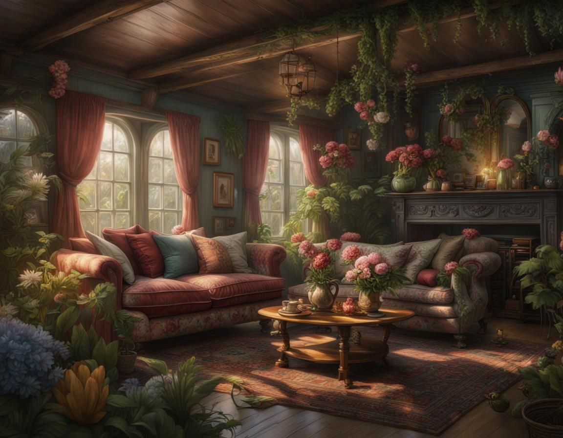 Cottagecore Living Room with Flowers and Frogs