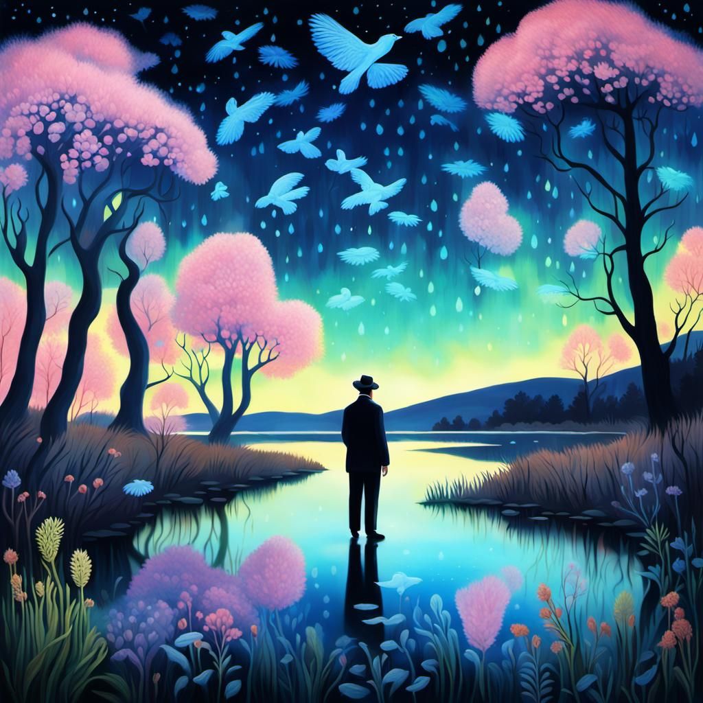 Bioluminescent Lake at Midnight in Surrealist Style