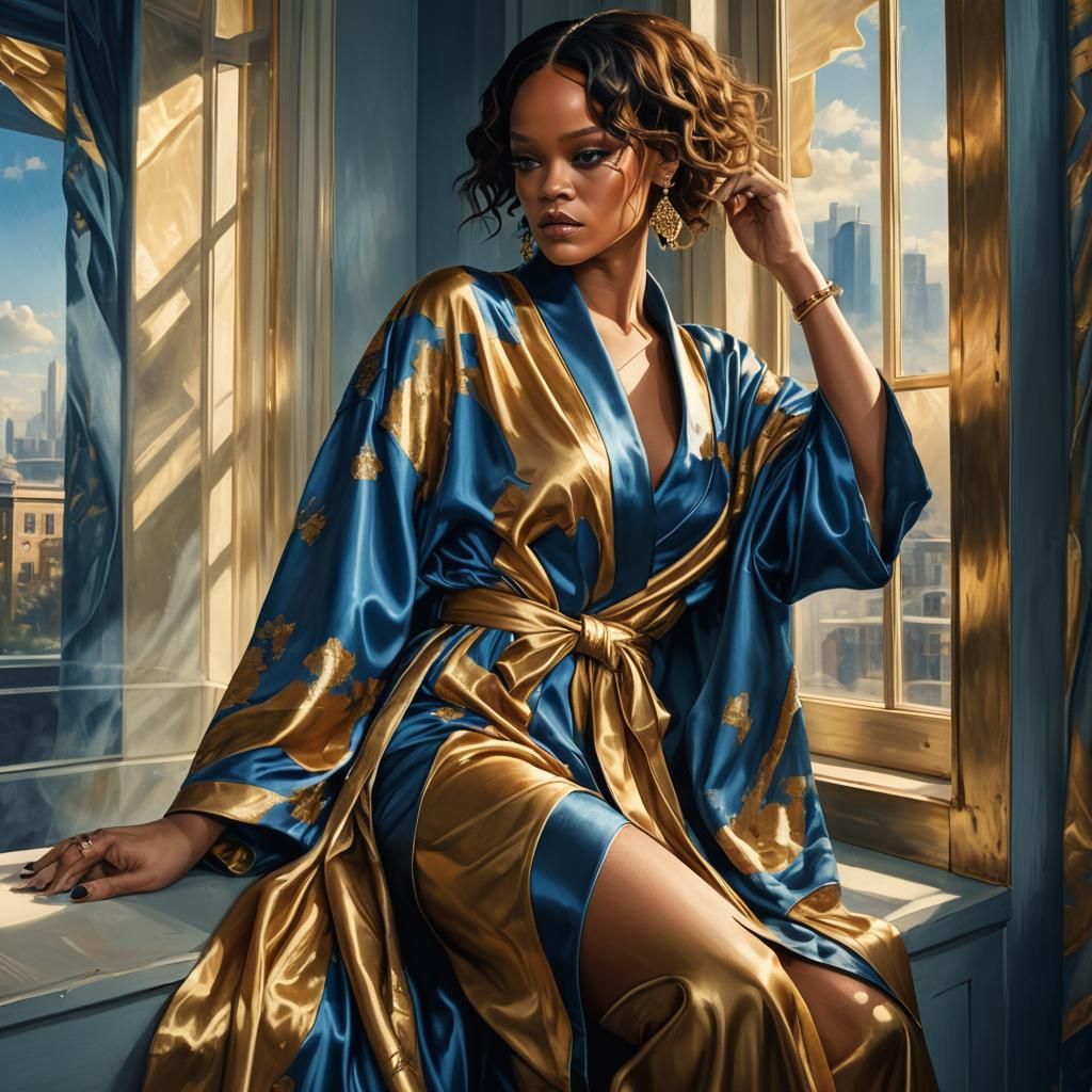 Rihanna in Silk Robe: Luxurious Fantasy Portrait