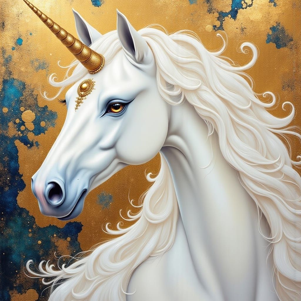 Fantasy Unicorn Oil Painting in Pearlescent White and Metall...