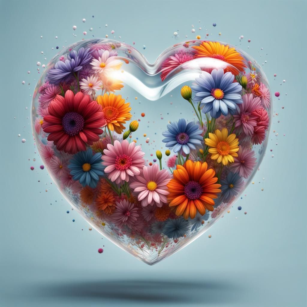 Transparent Flower Spheres Converge on Heart, Hyperrealistic...