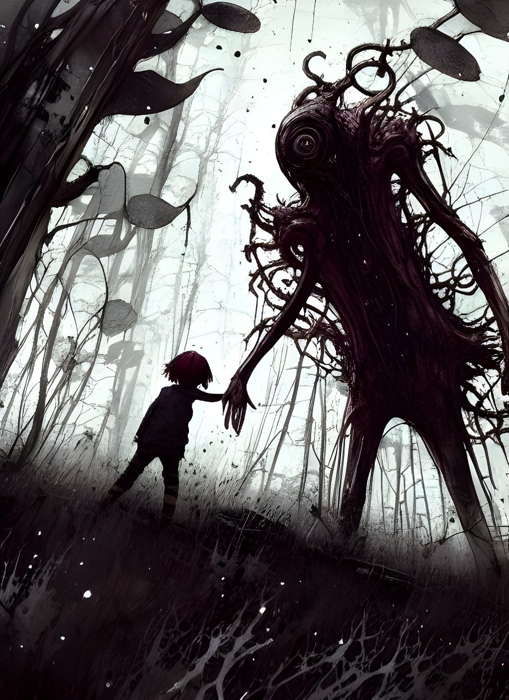 Eldritch Monster and Boy: A Sinister Watercolor Illustration