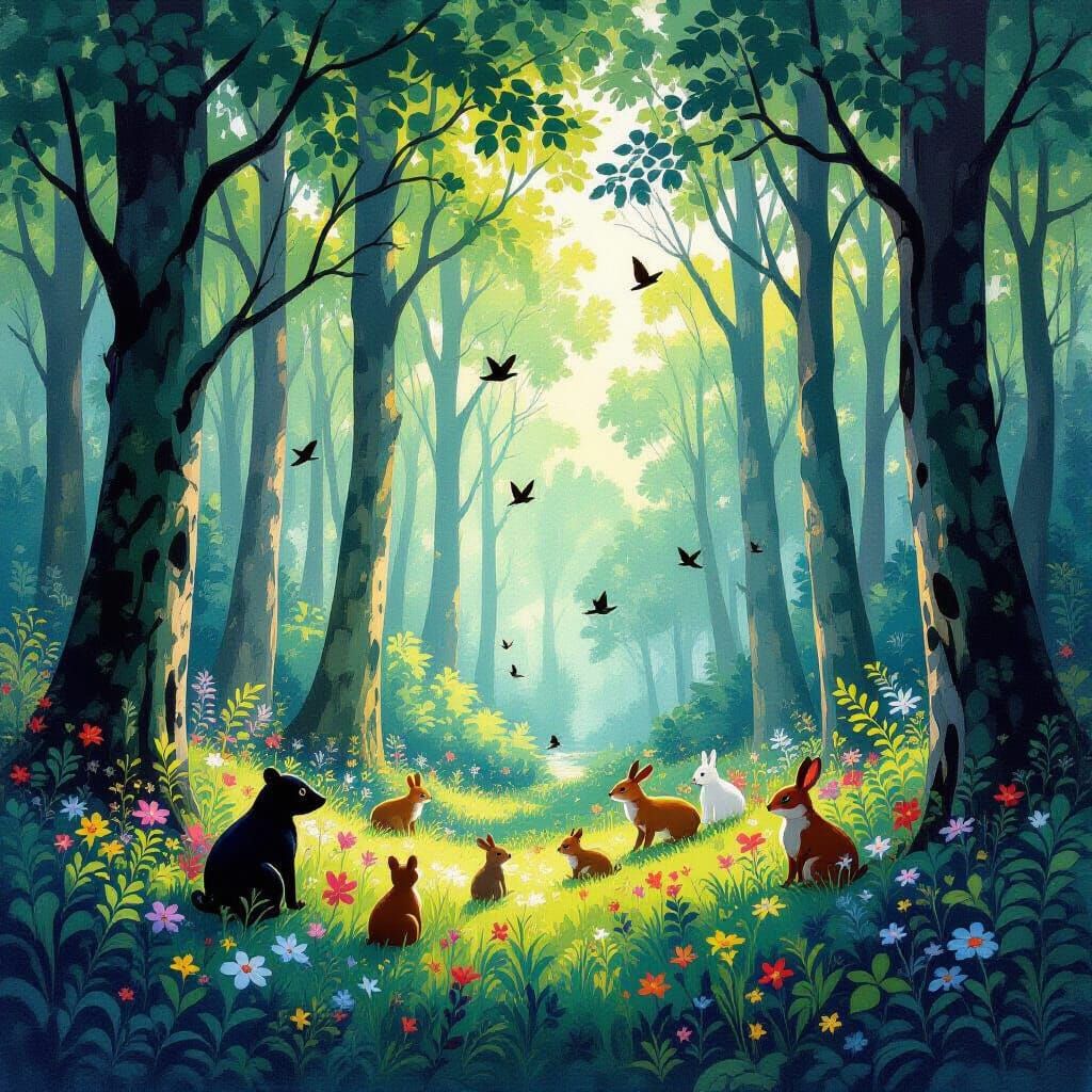 Vibrant Forest Alive With Animals in Monet Style