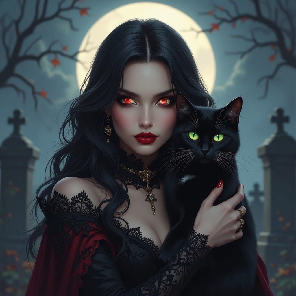Vampire Woman and Black Cat in Moonlit Gothic Graveyard