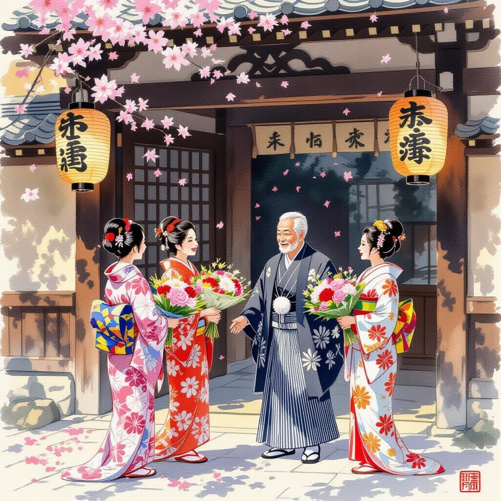 Japanese Actors Greeted with Flowers in Ukiyo-e Style