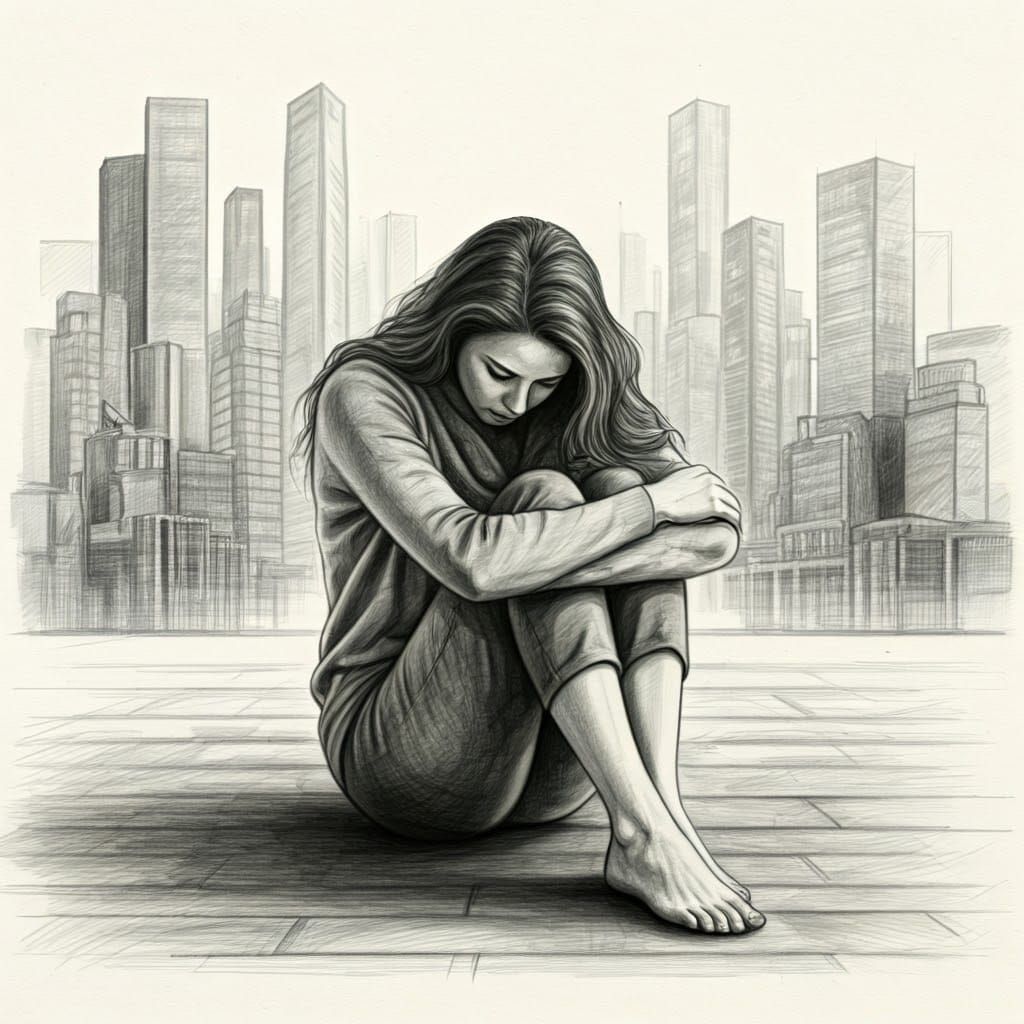 Desolate Woman in Photorealistic Pencil Art