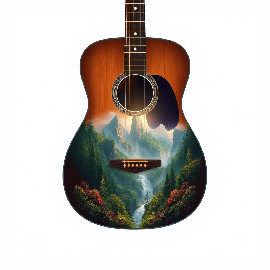 Mystical Landscape Inside Acoustic Guitar Silhouette