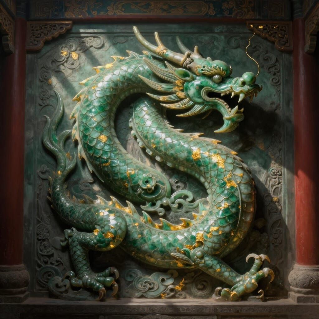 Ancient Jade Dragon in Dimly Lit Temple