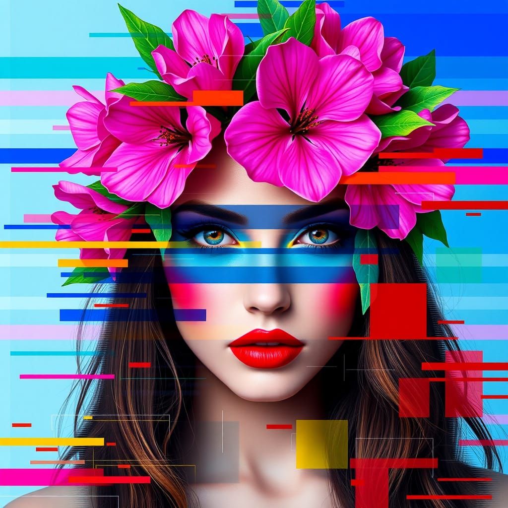 Glitch Portrait of Woman with Floral Crown