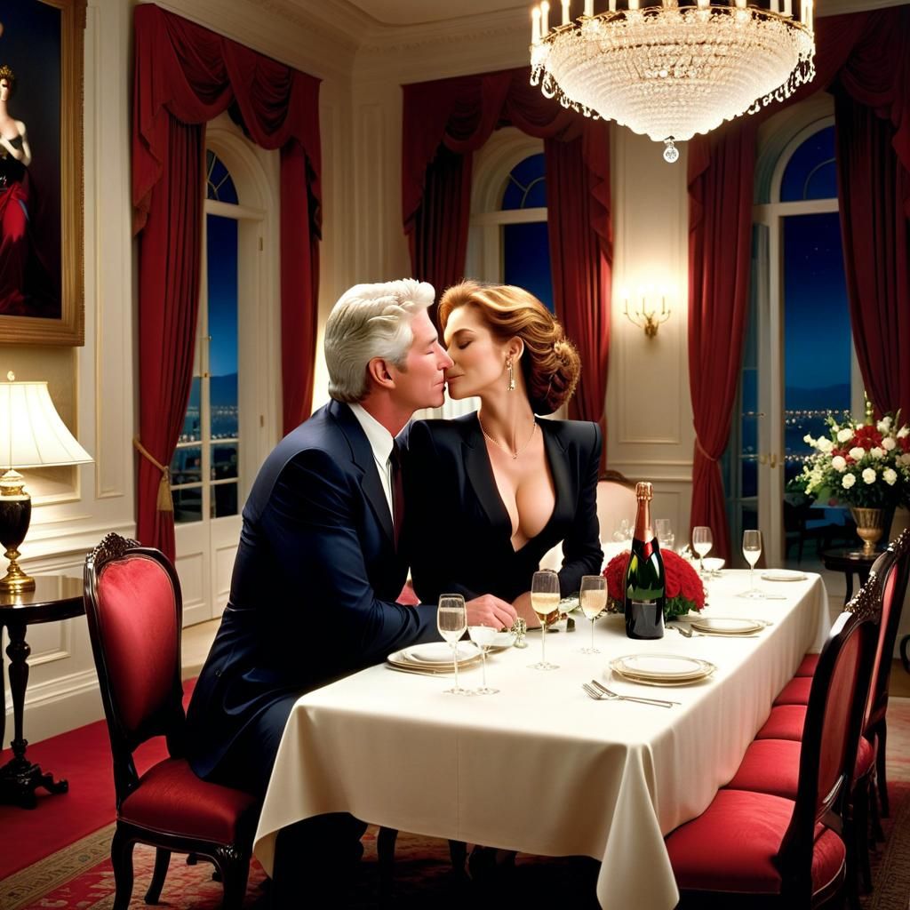 (Imagine a loving kiss between Richard Gere and Julia Roberts, during a midnight romantic dinner, in an elegant domestic...