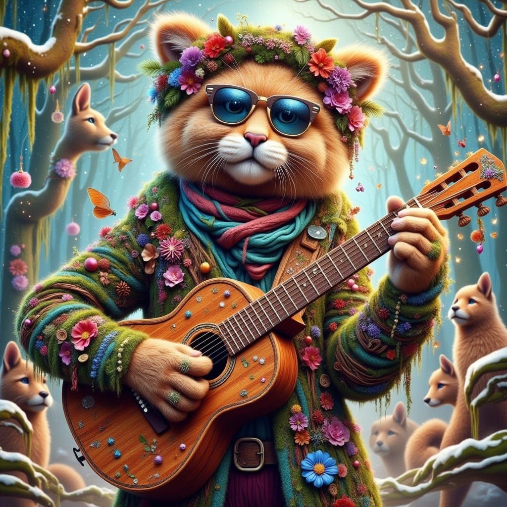 Trendy Cat Plays Guitar in Vibrant Digital Art