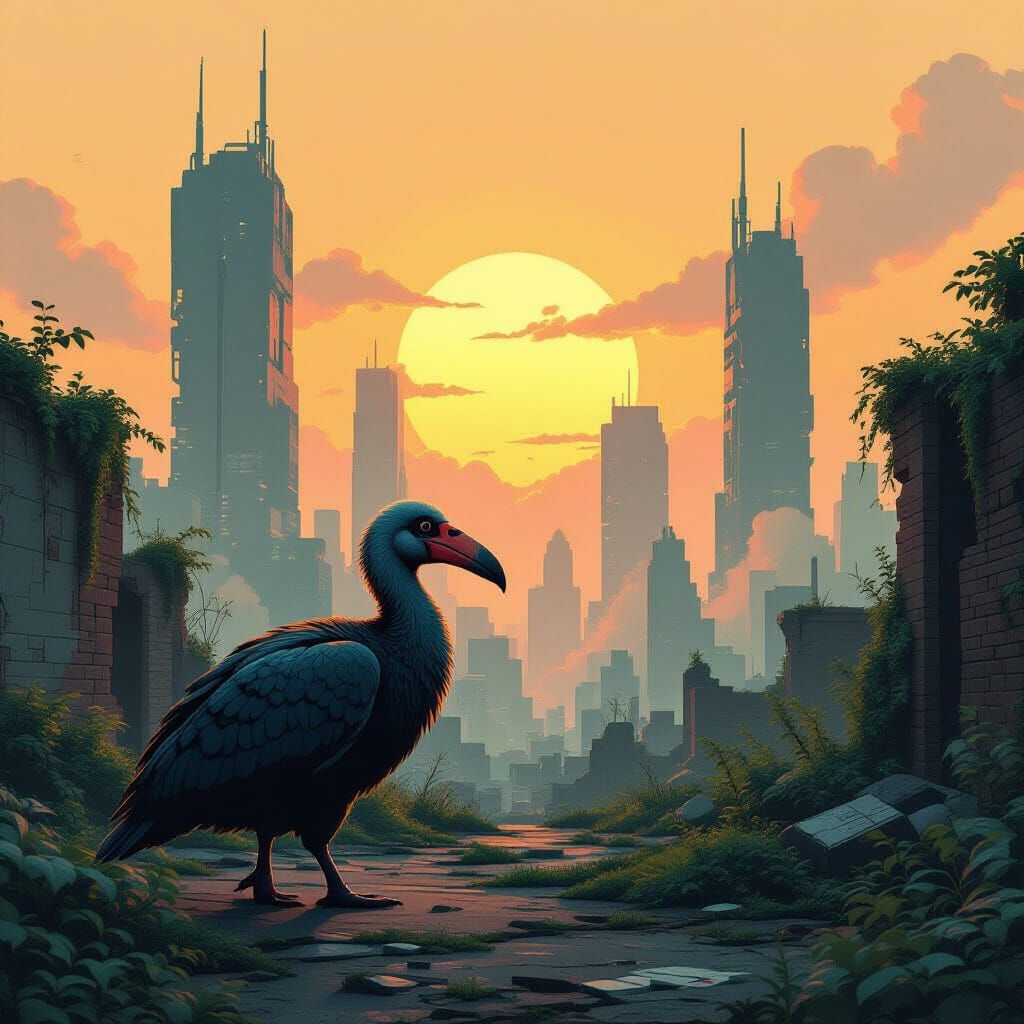 Dodo Bird in Cyberpunk Ruins Glitch Art