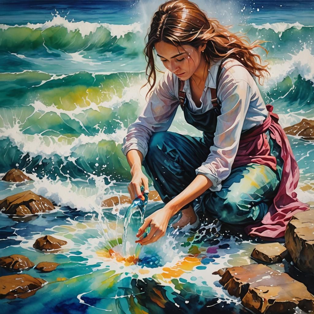 Girl Magically Creating Water: Oil and Watercolor Painting
