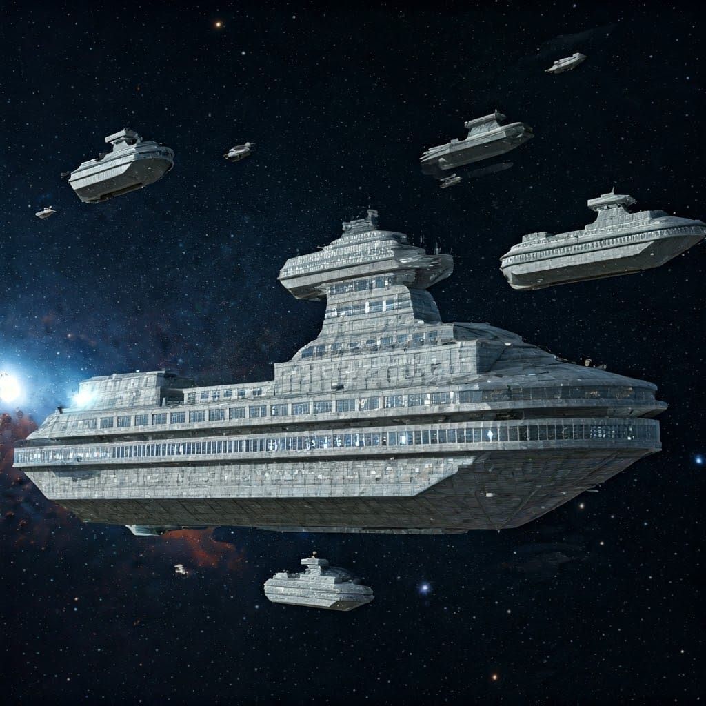 Gigantic Spacecraft Fleets Escape a Desolate Planet