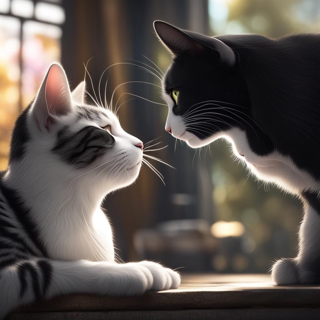 Cats Touching Noses in Detailed Fantasy Art