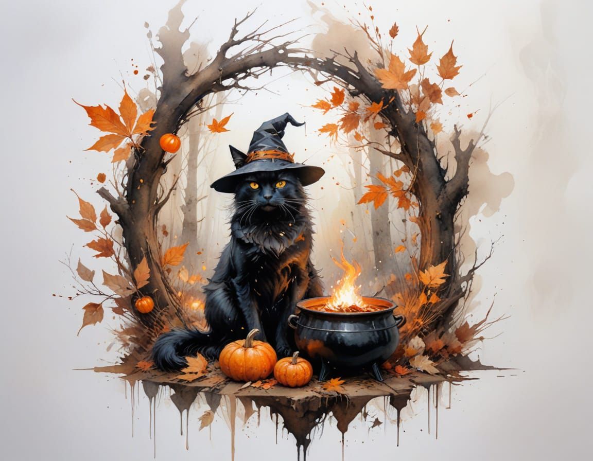Whimsical Witch in Autumn Forest with Glowing Cauldron
