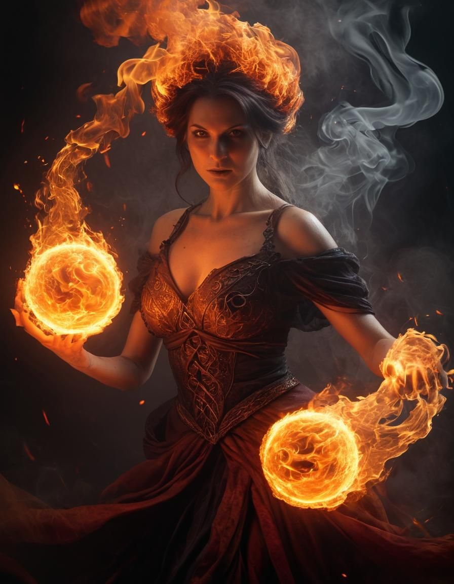 Sorceress Wielding Fire in a Fiery Inferno