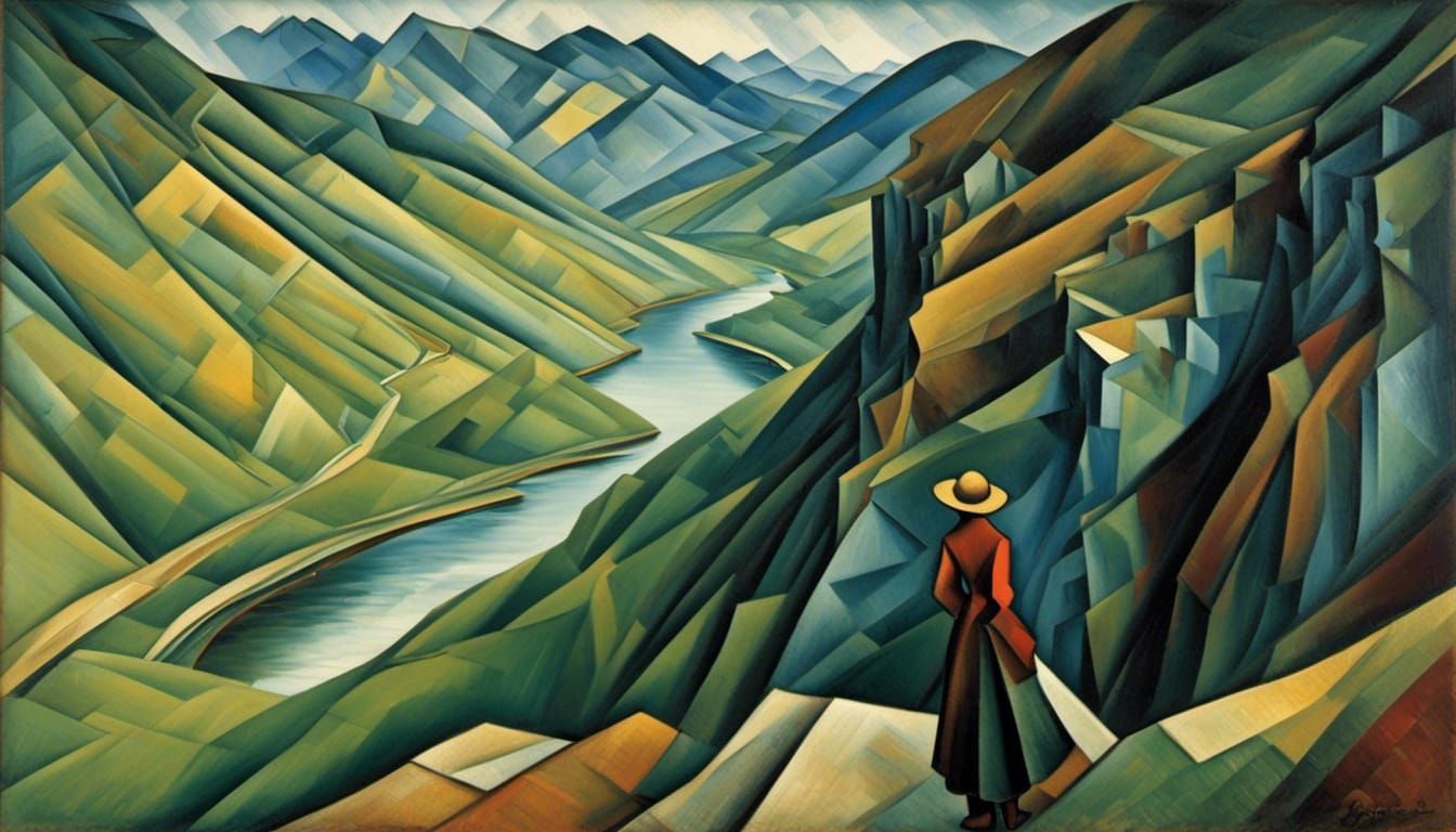 Cubist Figure Overlooking River Valley Landscape