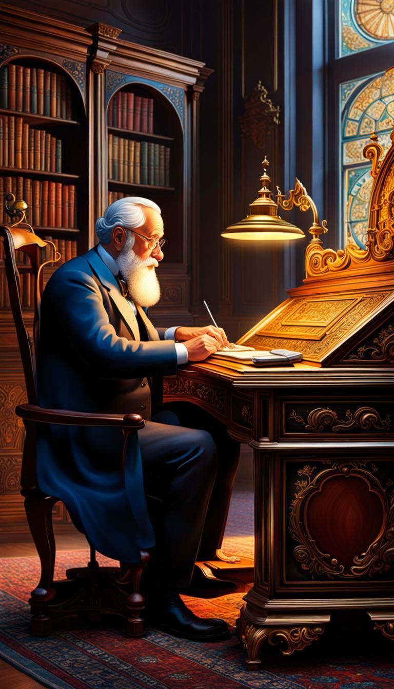 Old Man at Desk in Rococo Setting
