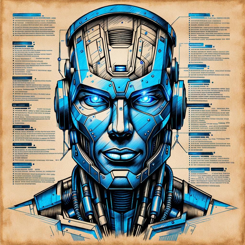 Cyborg Design Sketch Blueprint in Grunge Style