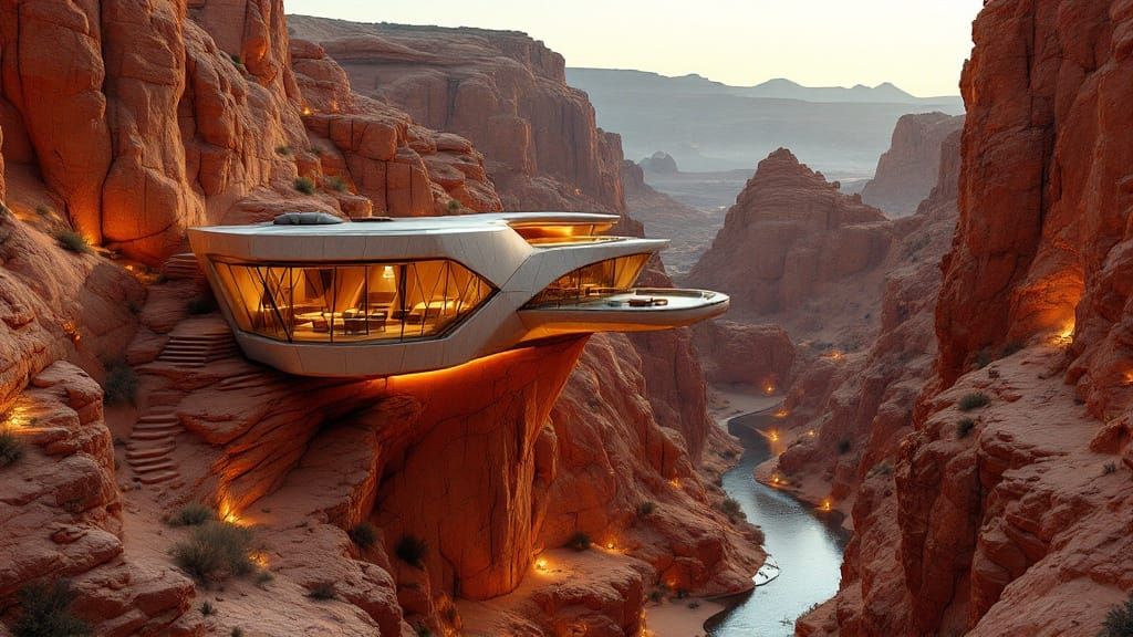 Futuristic Desert Oasis in Brutalist Style