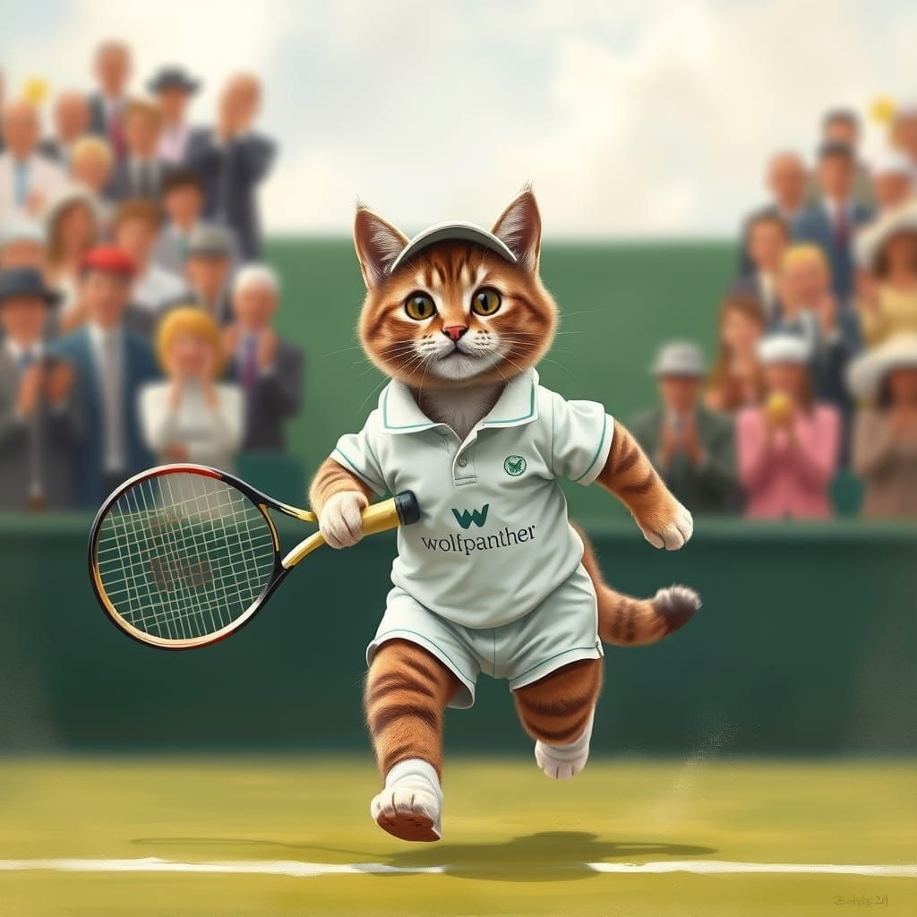 Cat Athlete on Wimbledon Court in Painterly Style