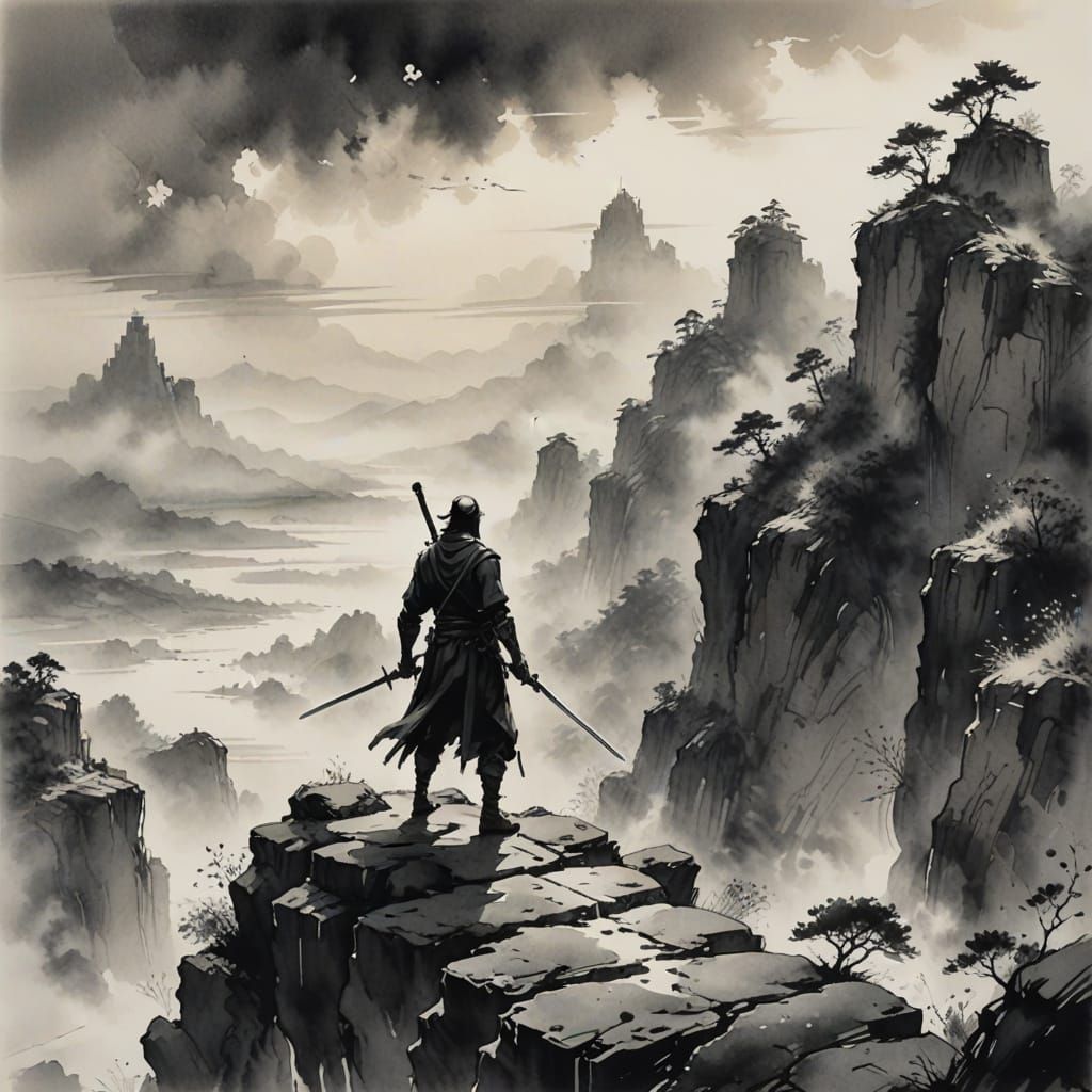 Monochrome Ink Wash Painting of Lone Swordsman