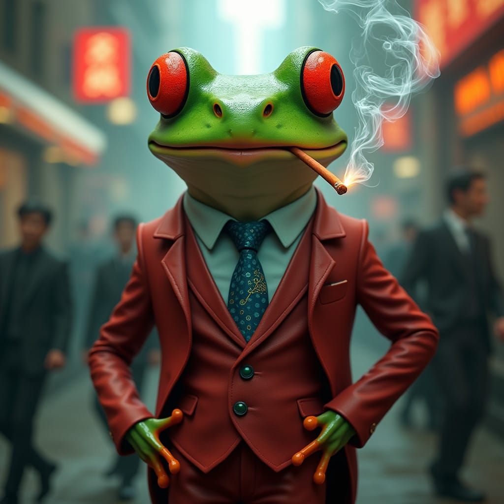 Cyberpunk Frog in a Smoky Urban Jungle