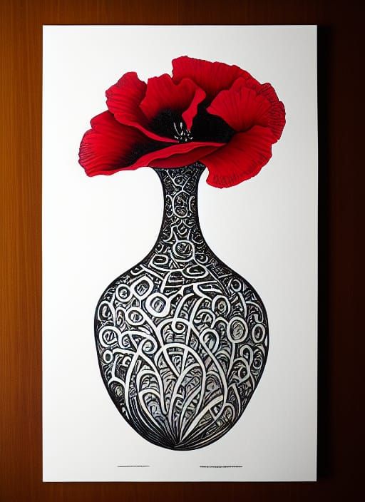 Filigree Poppy Guardian: Ink Drawing in Acrylic Style