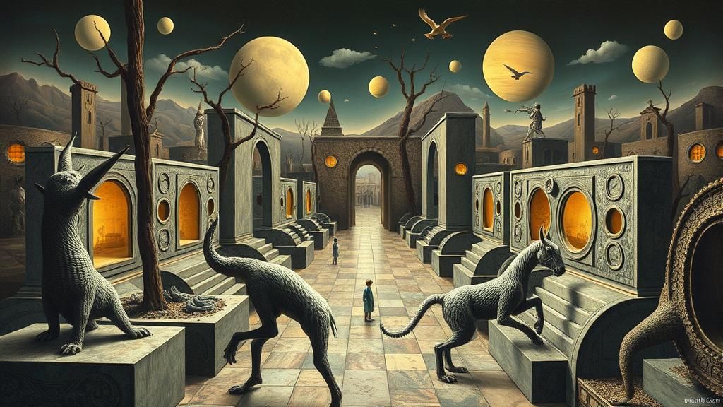 Surreal Symmetrical Fantasy Scene Inspired by Escher