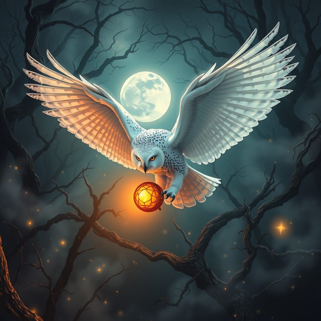 Ethereal Snow Owl in a Mystical Nocturnal Forest
