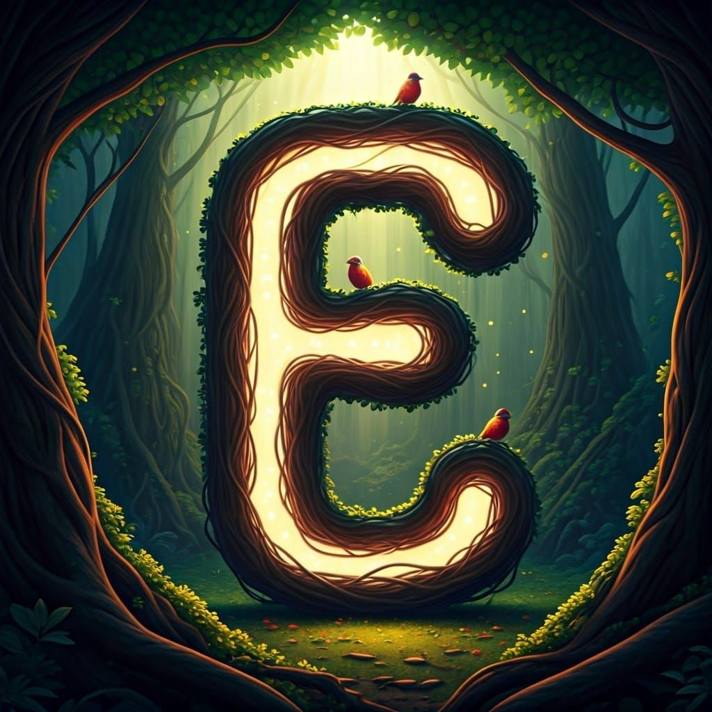 Illuminated Letter E in Forest, Nature Art