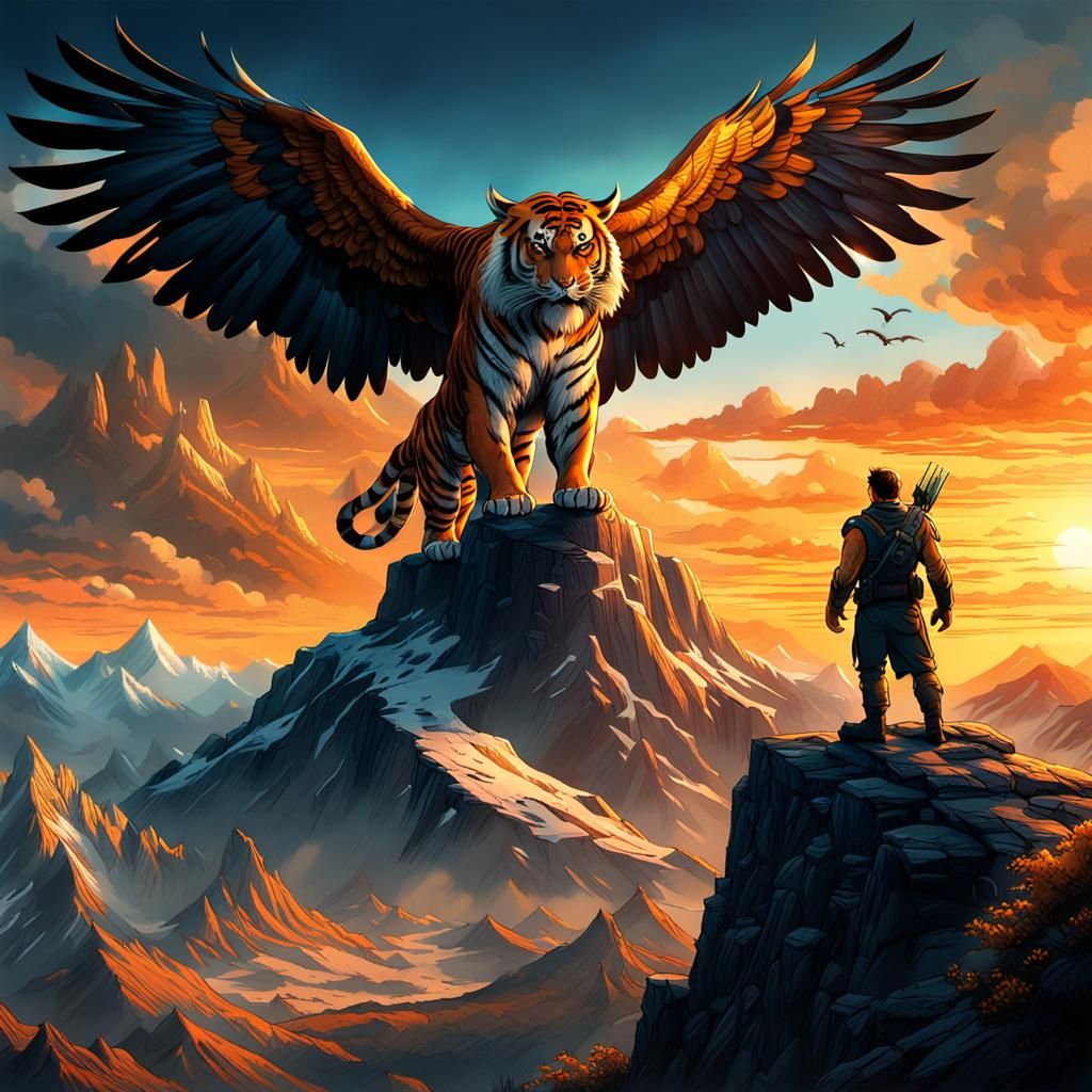 Victorious Tiger and Eagle Sunset Comic Book Art